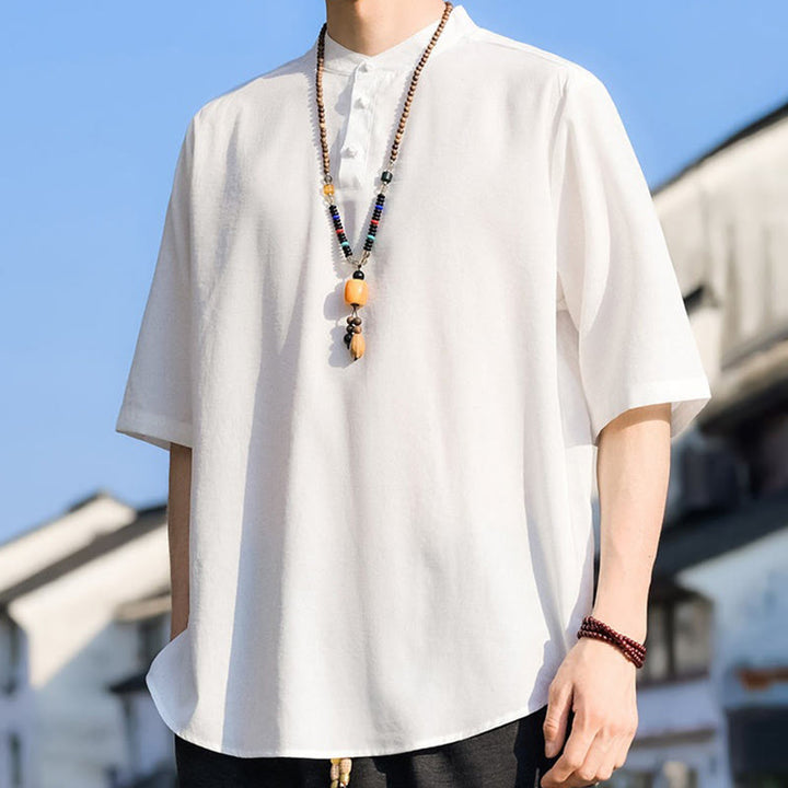 Buddha Stones Camisa de manga corta para hombre, color liso, con cuello mandarín y tres botones, estilo casual de verano. - image 28