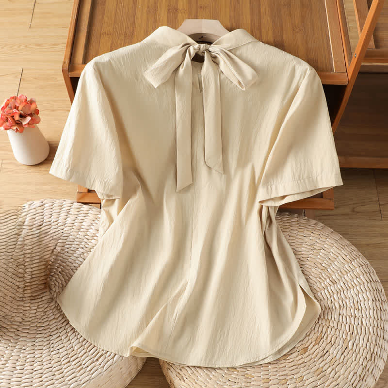 Buddha Stones Camisa de manga corta para mujer, color liso, con cuello redondo, pliegues frontales, cordones y abertura lateral, ideal para el verano. - image 1