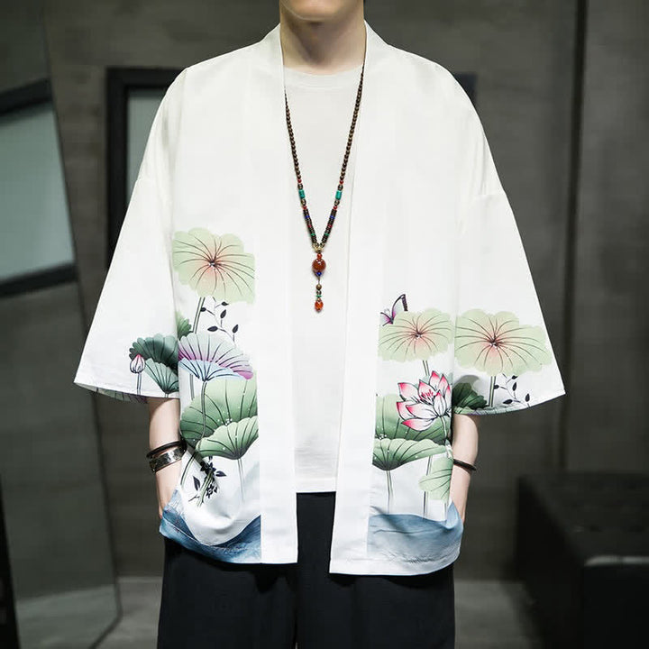 Buddha Stones Kimono de verano informal para hombre con estampado de hojas de loto, mariposas y grullas, con frente abierto. - image 4