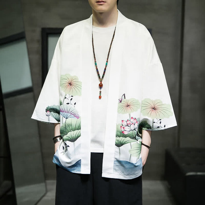 Buddha Stones Kimono de verano informal para hombre con estampado de hojas de loto, mariposas y grullas, con frente abierto. - Blanco - US/UK/AU46, EU56 (5XL) - image 0