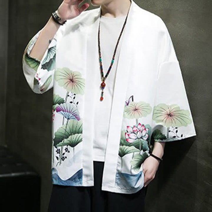 Buddha Stones Kimono de verano informal para hombre con estampado de hojas de loto, mariposas y grullas, con frente abierto. - image 6
