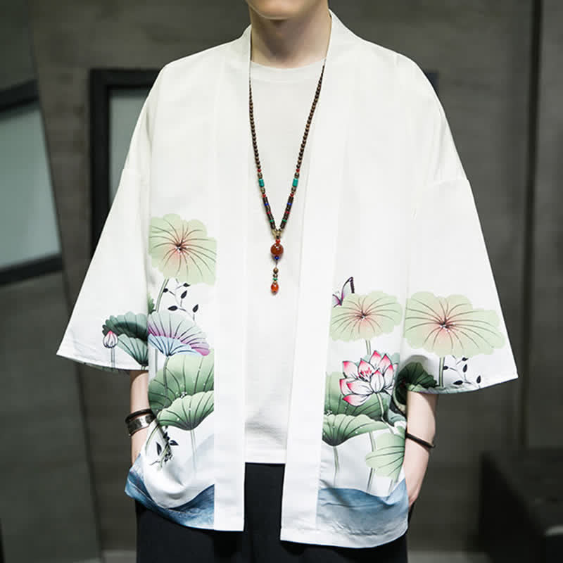Buddha Stones Kimono de verano informal para hombre con estampado de hojas de loto, mariposas y grullas, con frente abierto. - image 1