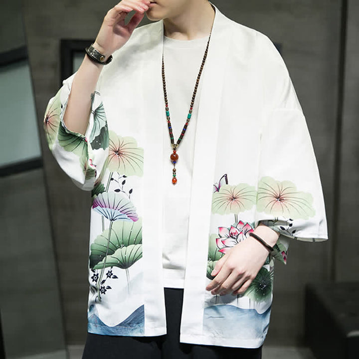 Buddha Stones Kimono de verano informal para hombre con estampado de hojas de loto, mariposas y grullas, con frente abierto. - image 10