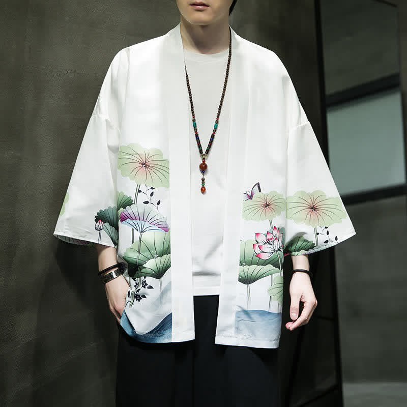 Buddha Stones Kimono de verano informal para hombre con estampado de hojas de loto, mariposas y grullas, con frente abierto. - image 7
