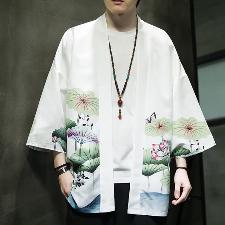 Buddha Stones Kimono de verano informal para hombre con estampado de hojas de loto, mariposas y grullas, con frente abierto. - image 11