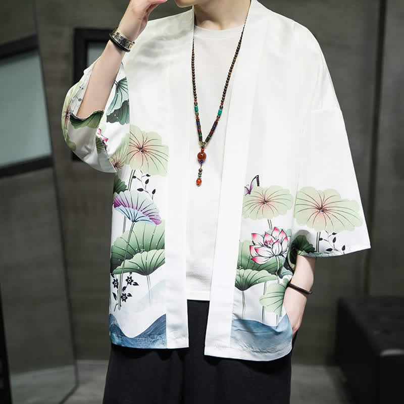 Buddha Stones Kimono de verano informal para hombre con estampado de hojas de loto, mariposas y grullas, con frente abierto. - image 9
