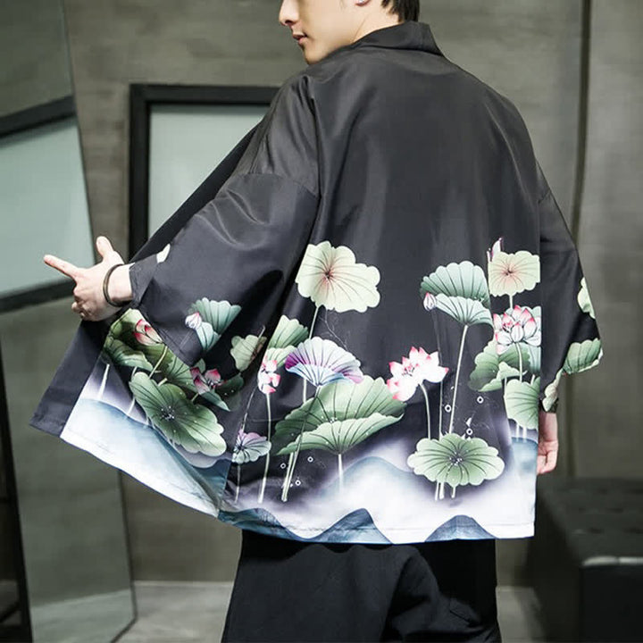 Buddha Stones Kimono de verano informal para hombre con estampado de hojas de loto, mariposas y grullas, con frente abierto. - image 16