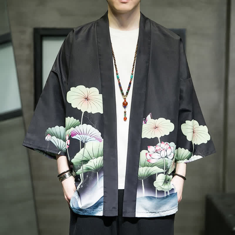 Buddha Stones Kimono de verano informal para hombre con estampado de hojas de loto, mariposas y grullas, con frente abierto. - Negro - US/UK/AU46, EU56 (5XL) - image 12