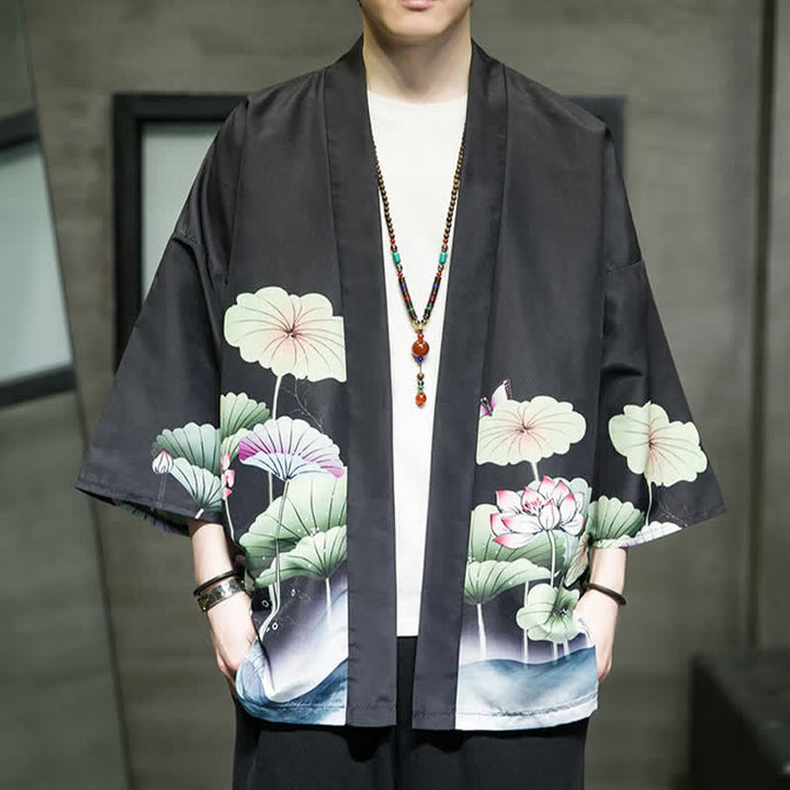 Buddha Stones Kimono de verano informal para hombre con estampado de hojas de loto, mariposas y grullas, con frente abierto. - Negro - US/UK/AU46, EU56 (5XL) - image 12