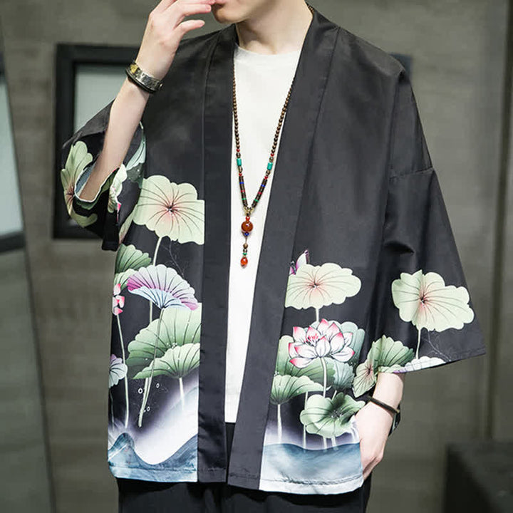 Buddha Stones Kimono de verano informal para hombre con estampado de hojas de loto, mariposas y grullas, con frente abierto. - image 14