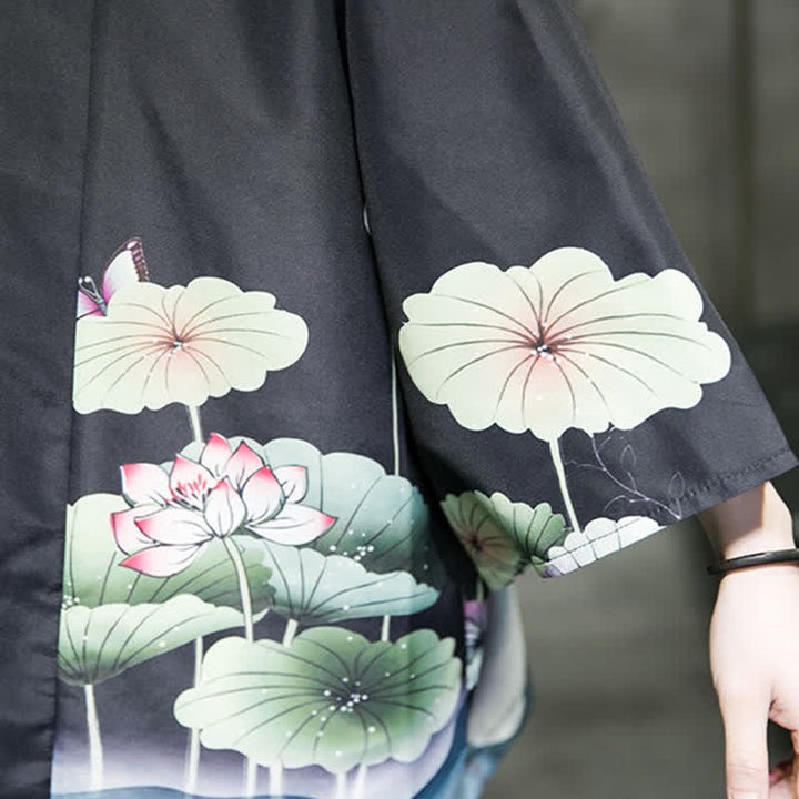 Buddha Stones Kimono de verano informal para hombre con estampado de hojas de loto, mariposas y grullas, con frente abierto. - image 23