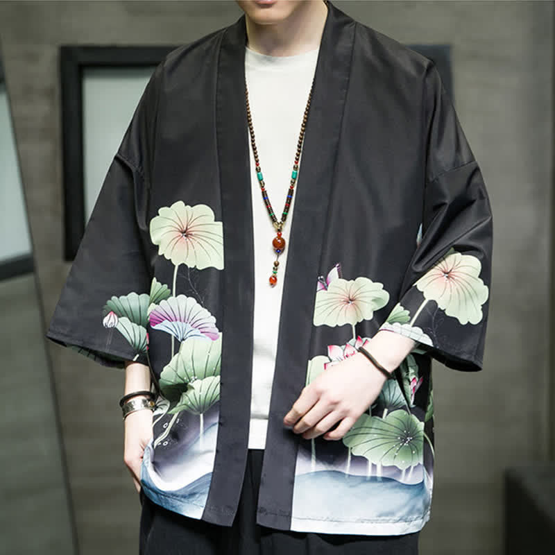 Buddha Stones Kimono de verano informal para hombre con estampado de hojas de loto, mariposas y grullas, con frente abierto. - image 19