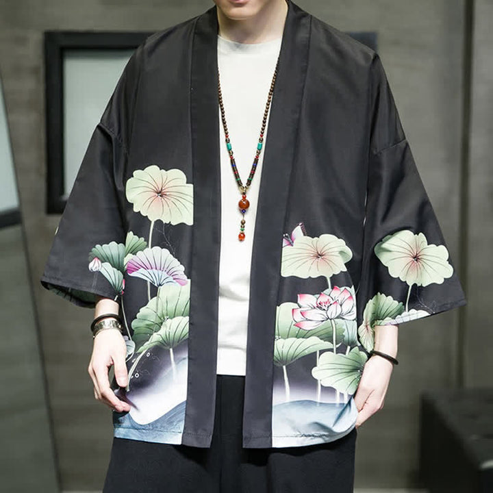 Buddha Stones Kimono de verano informal para hombre con estampado de hojas de loto, mariposas y grullas, con frente abierto. - image 15