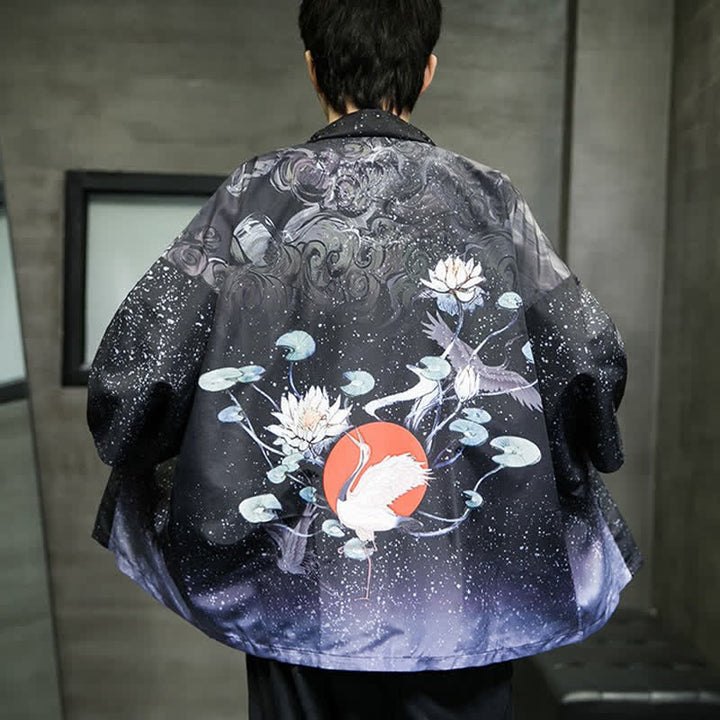 Buddha Stones Kimono de verano informal para hombre con estampado de hojas de loto, mariposas y grullas, con frente abierto. - image 30