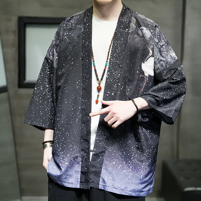 Buddha Stones Kimono de verano informal para hombre con estampado de hojas de loto, mariposas y grullas, con frente abierto. - image 29