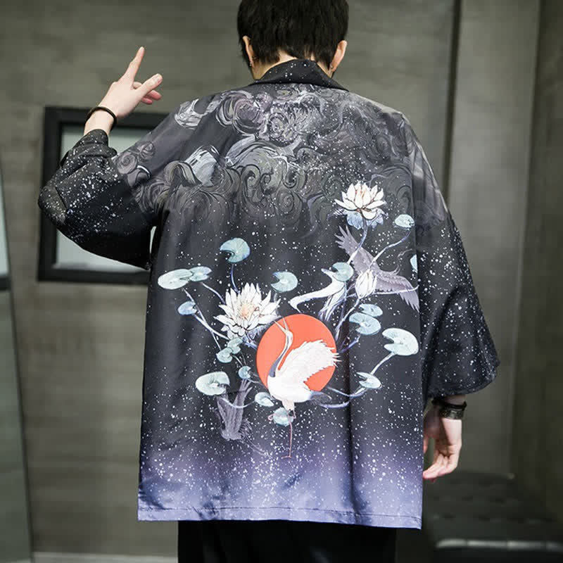 Buddha Stones Kimono de verano informal para hombre con estampado de hojas de loto, mariposas y grullas, con frente abierto. - image 31