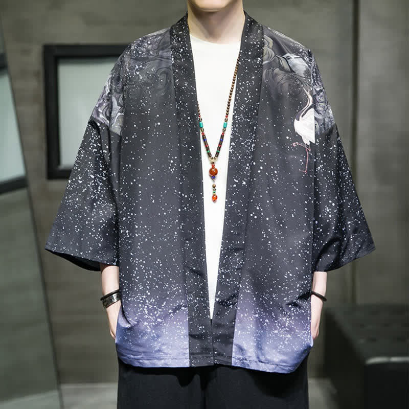 Buddha Stones Kimono de verano informal para hombre con estampado de hojas de loto, mariposas y grullas, con frente abierto. - Azul pizarra oscuro - US/UK/AU46, EU56 (5XL) - image 24