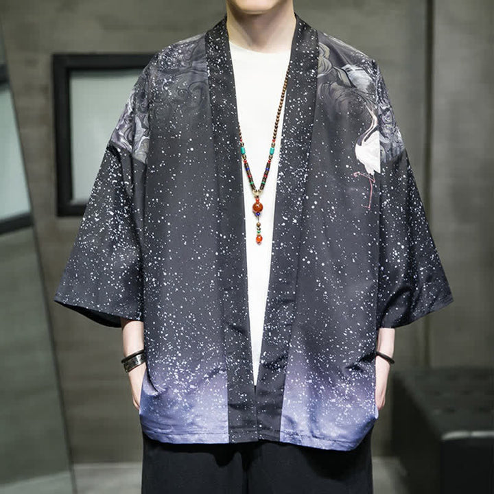 Buddha Stones Kimono de verano informal para hombre con estampado de hojas de loto, mariposas y grullas, con frente abierto. - Azul pizarra oscuro - US/UK/AU46, EU56 (5XL) - image 24