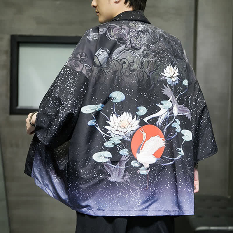Buddha Stones Kimono de verano informal para hombre con estampado de hojas de loto, mariposas y grullas, con frente abierto. - image 26