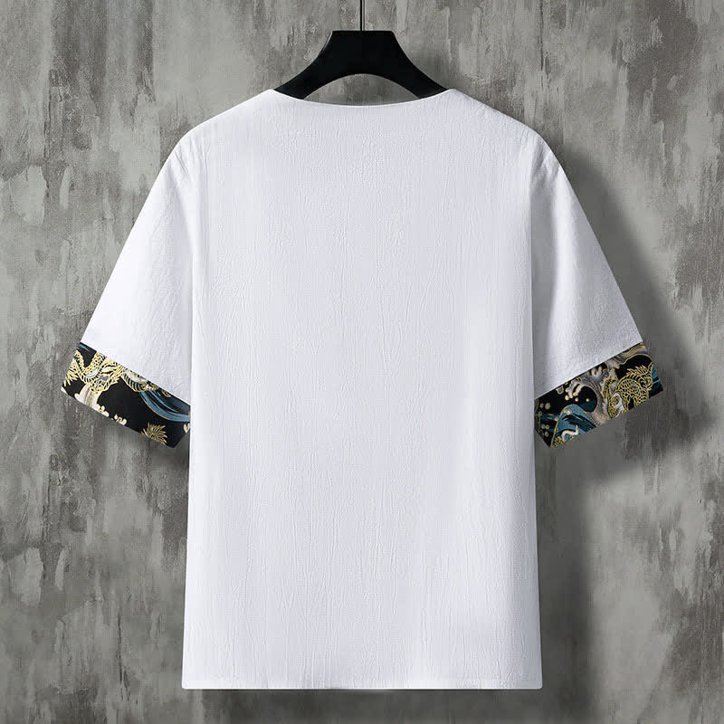 Buddha Stones Camisas de manga corta para hombre, estilo casual de verano, con botones de rana y bordado de flores. - image 1