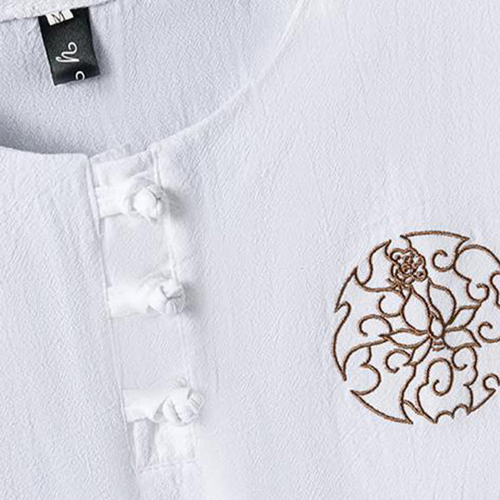 Buddha Stones Camisas de manga corta para hombre, estilo casual de verano, con botones de rana y bordado de flores. - image 4