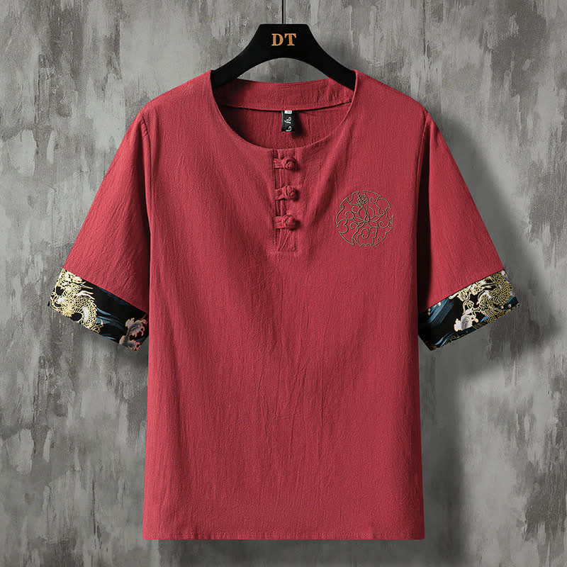 Buddha Stones Camisas de manga corta para hombre, estilo casual de verano, con botones de rana y bordado de flores. - Granate - US/UK/AU48, EU58 (5XL) - image 12