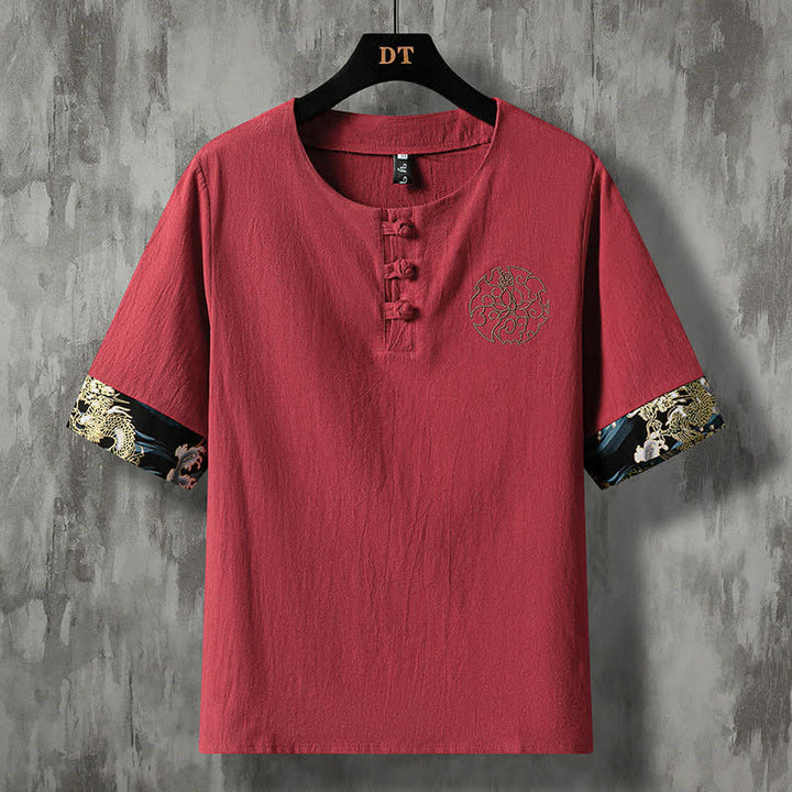 Buddha Stones Camisas de manga corta para hombre, estilo casual de verano, con botones de rana y bordado de flores. - Granate - US/UK/AU46, EU56 (5XL) - image 12
