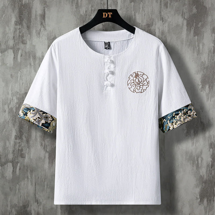 Buddha Stones Camisas de manga corta para hombre, estilo casual de verano, con botones de rana y bordado de flores. - Blanco - US/UK/AU46, EU56 (5XL) - image 0