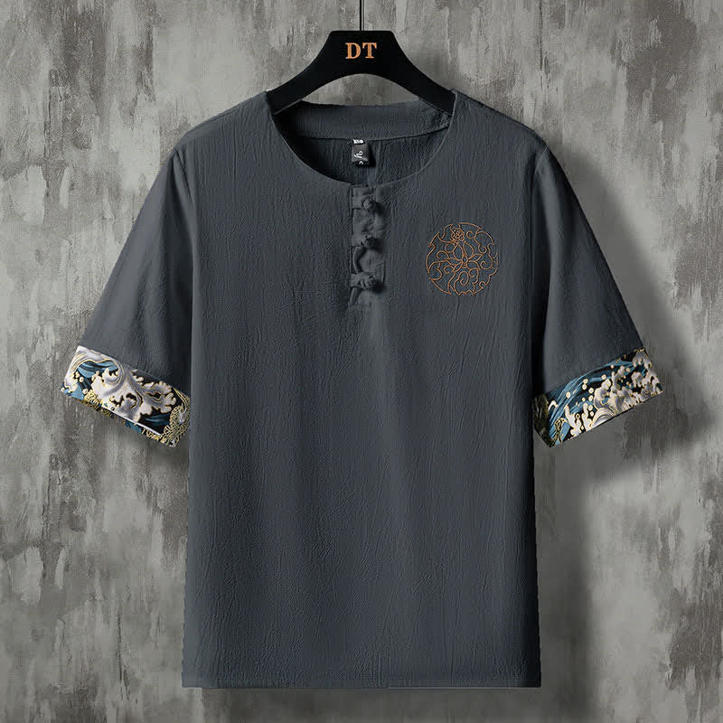 Buddha Stones Camisas de manga corta para hombre, estilo casual de verano, con botones de rana y bordado de flores. - Gris oscuro - US/UK/AU48, EU58 (5XL) - image 10