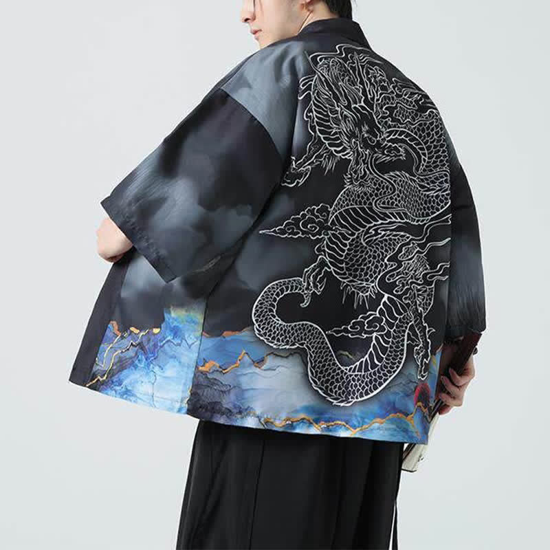 Buddha Stones Kimono de verano informal con estampado de montañas de dragones y frente abierto para hombre - image 3