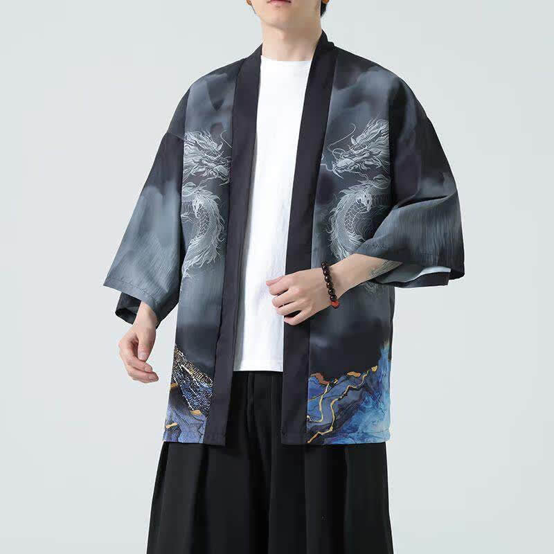 Buddha Stones Kimono de verano informal con estampado de montañas de dragones y frente abierto para hombre - Negro - US/UK/AU46, EU56 (5XL) - image 0