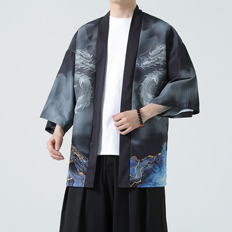 Buddha Stones Kimono de verano informal con estampado de montañas de dragones y frente abierto para hombre - image 5