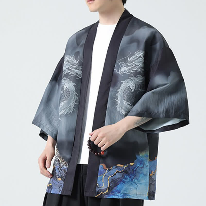 Buddha Stones Kimono de verano informal con estampado de montañas de dragones y frente abierto para hombre - image 6