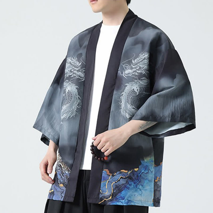 Buddha Stones Kimono de verano informal con estampado de montañas de dragones y frente abierto para hombre - image 6