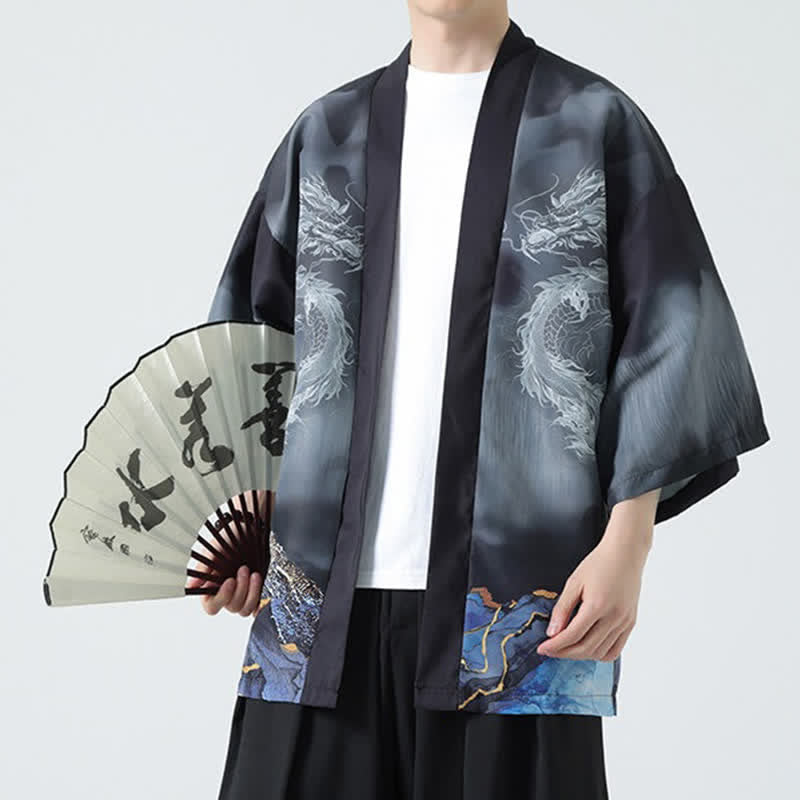 Buddha Stones Kimono de verano informal con estampado de montañas de dragones y frente abierto para hombre - image 8