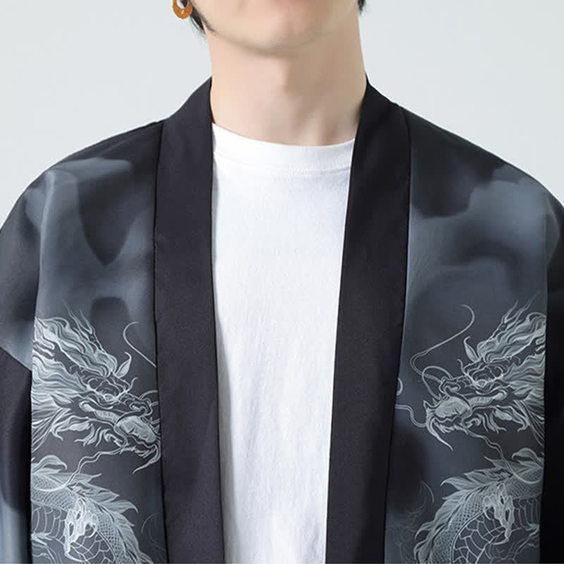 Buddha Stones Kimono de verano informal con estampado de montañas de dragones y frente abierto para hombre - image 10