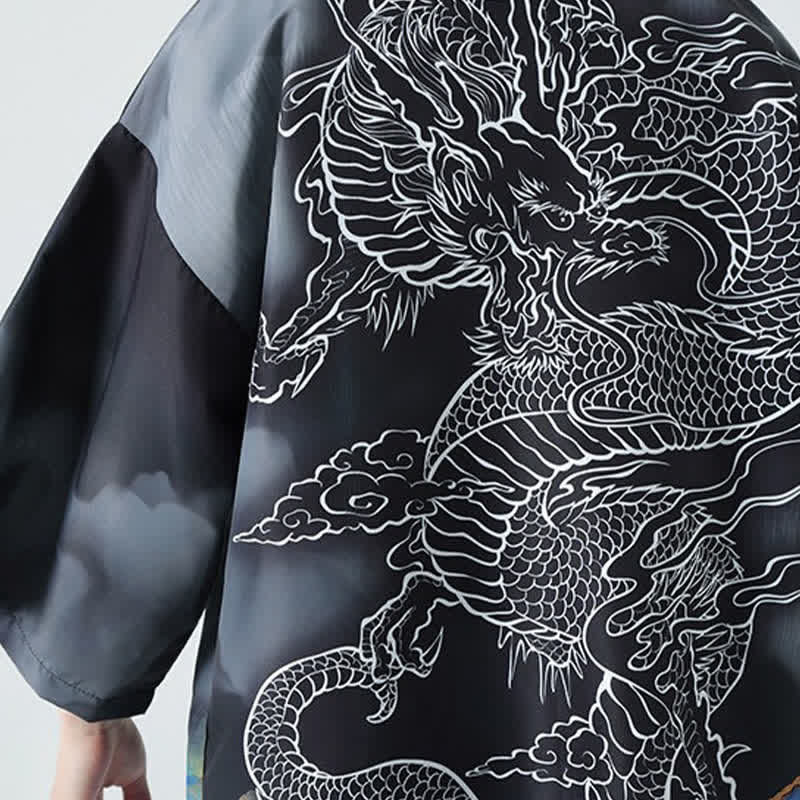 Buddha Stones Kimono de verano informal con estampado de montañas de dragones y frente abierto para hombre - image 12