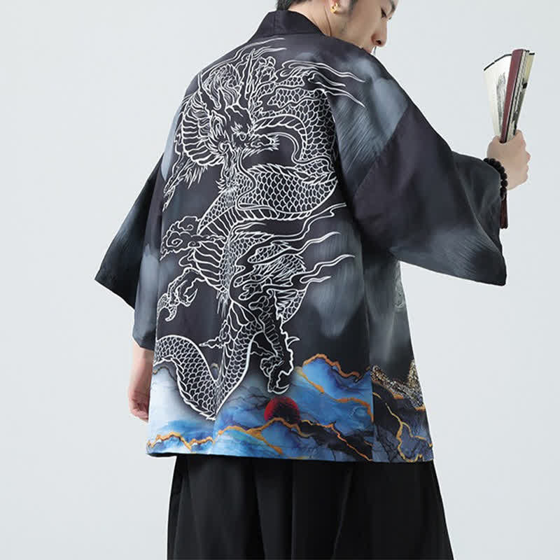 Buddha Stones Kimono de verano informal con estampado de montañas de dragones y frente abierto para hombre - image 9