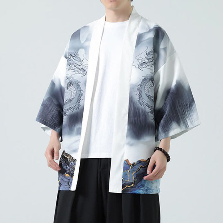 Buddha Stones Kimono de verano informal con estampado de montañas de dragones y frente abierto para hombre - Humo blanco - US/UK/AU48, EU58 (5XL) - image 13