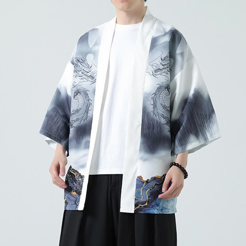 Buddha Stones Kimono de verano informal con estampado de montañas de dragones y frente abierto para hombre - Humo blanco - US/UK/AU46, EU56 (5XL) - image 13