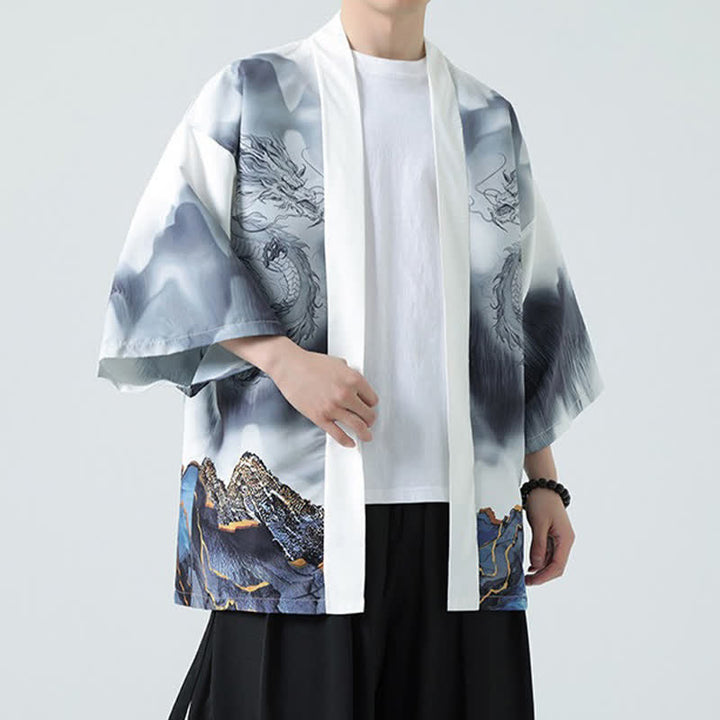 Buddha Stones Kimono de verano informal con estampado de montañas de dragones y frente abierto para hombre - image 19