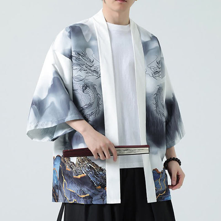 Buddha Stones Kimono de verano informal con estampado de montañas de dragones y frente abierto para hombre - image 18