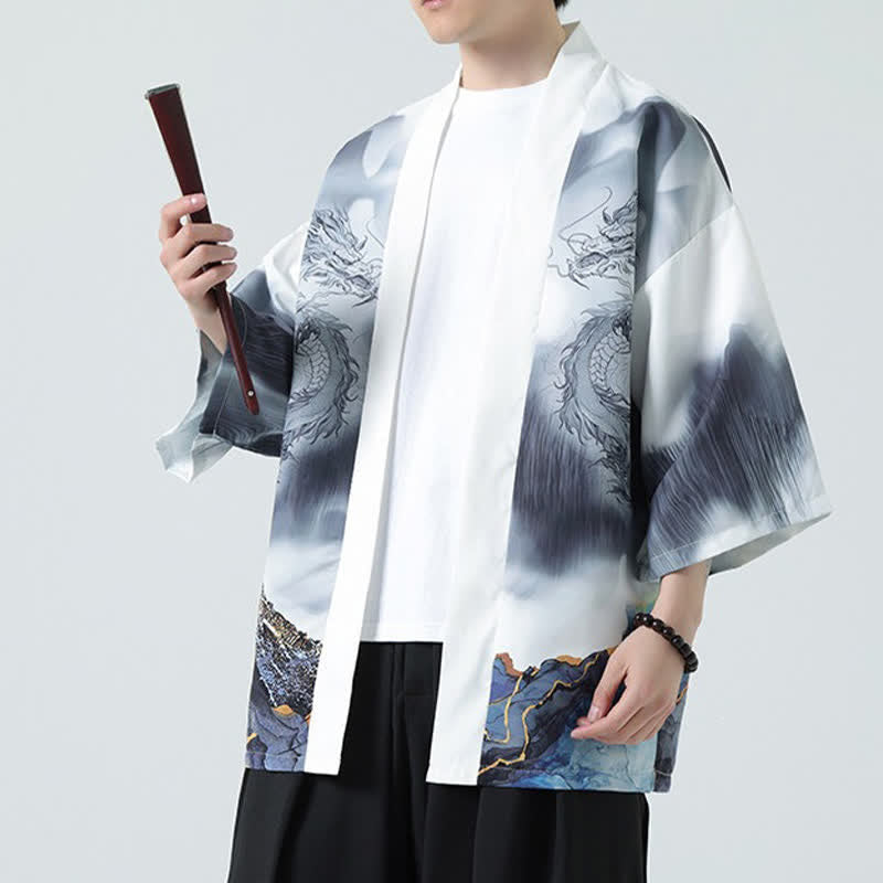Buddha Stones Kimono de verano informal con estampado de montañas de dragones y frente abierto para hombre - image 16