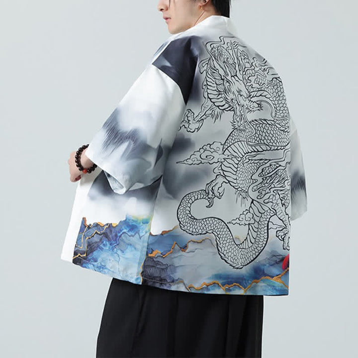 Buddha Stones Kimono de verano informal con estampado de montañas de dragones y frente abierto para hombre - image 17
