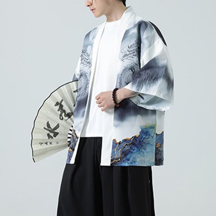 Buddha Stones Kimono de verano informal con estampado de montañas de dragones y frente abierto para hombre - image 21