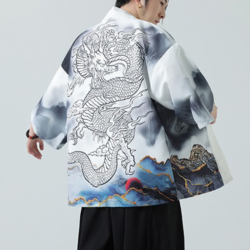 Buddha Stones Kimono de verano informal con estampado de montañas de dragones y frente abierto para hombre - image 20