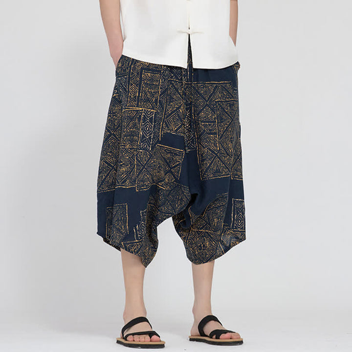 Buddha Stones Pantalones capri de verano estilo boho casual con cintura elástica y estampado floral geométrico para hombre. - Azul acero - US/UK/AU46, EU56 (5XL) - image 14