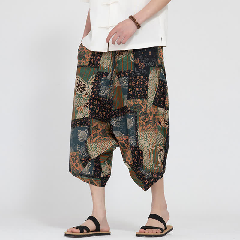 Buddha Stones Pantalones capri de verano estilo boho casual con cintura elástica y estampado floral geométrico para hombre. - Vara de oro oscura - US/UK/AU48, EU58 (5XL) - image 20
