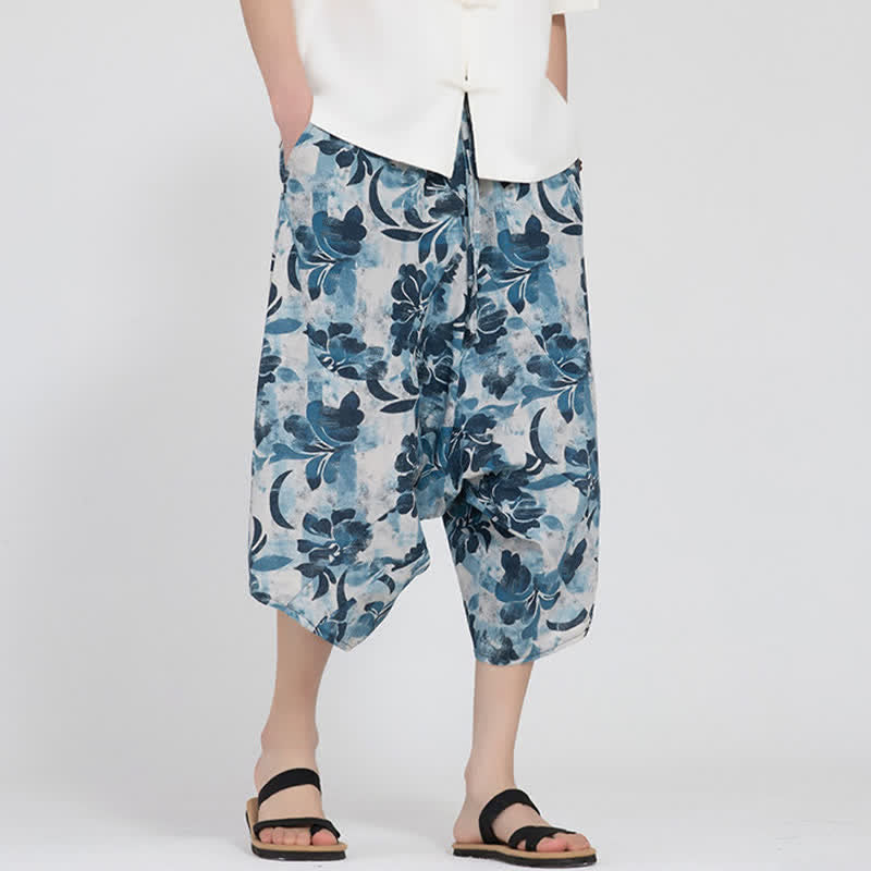 Buddha Stones Pantalones capri de verano estilo boho casual con cintura elástica y estampado floral geométrico para hombre. - Azul claro - US/UK/AU48, EU58 (5XL) - image 29