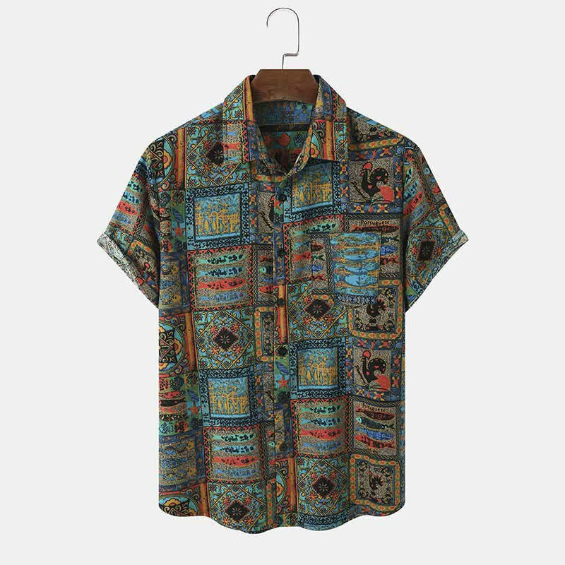 Buddha Stones Camisas de manga corta para hombre con botones, estilo bohemio vintage veraniego y estampado geométrico. - Verde azulado - US/UK/AU40, UE 50 (3XL) - image 0